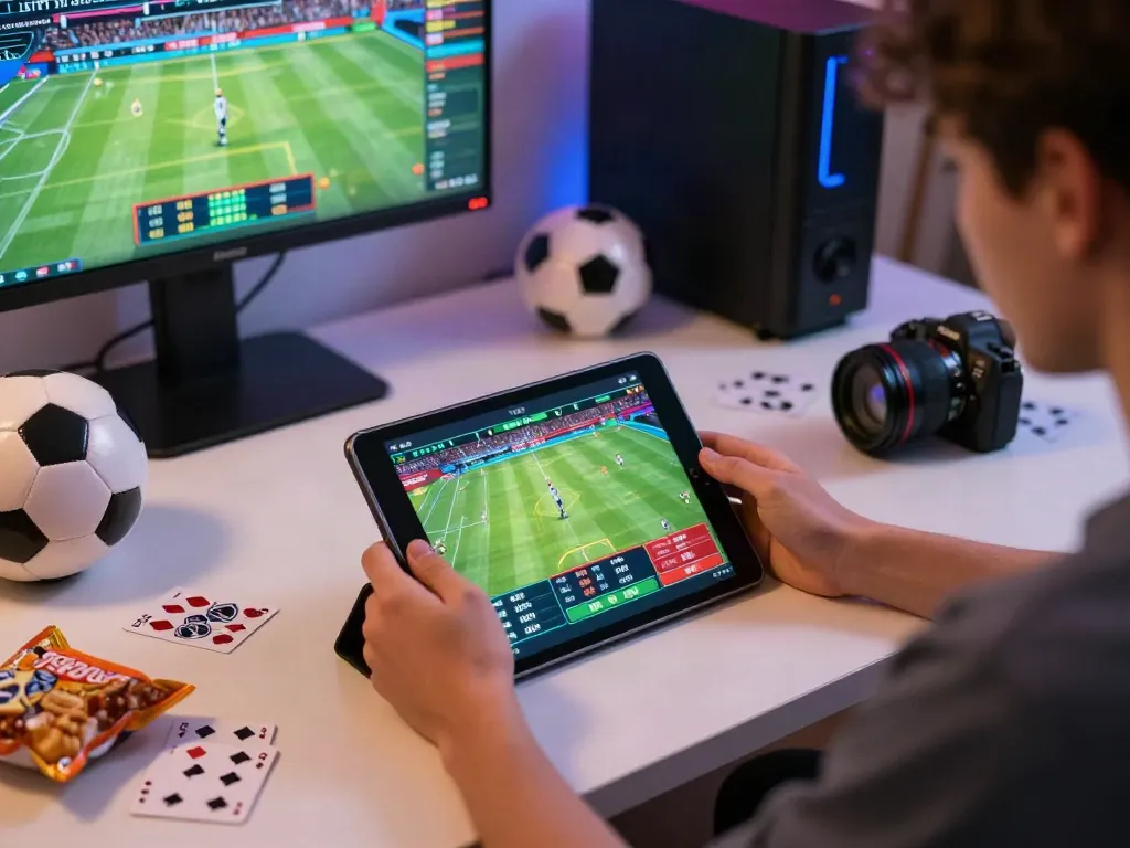 Player engaging with live sports betting at https://debet.gb.net/ in a vibrant gaming corner.