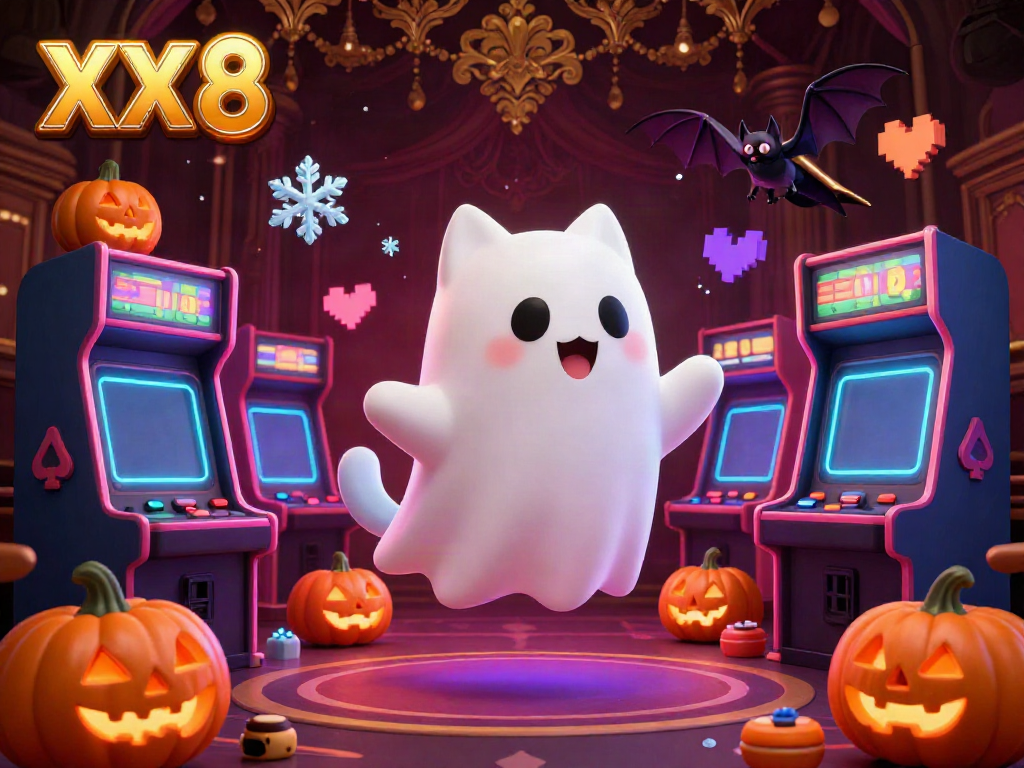 Engage with the lively scene of XX 8 featuring a ghost cat in a haunted casino atmosphere, complete with vibrant arcade machines.