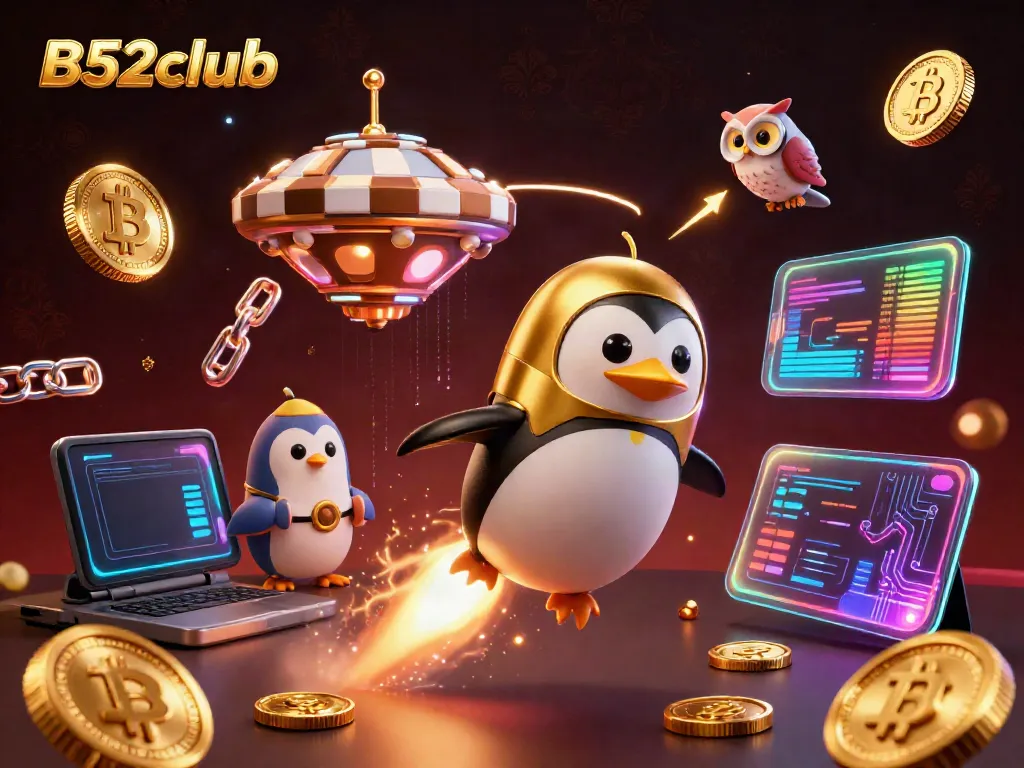 Engage in thrilling gaming at B52club with a vibrant illustration of a rocket-powered penguin amid digital casino elements.
