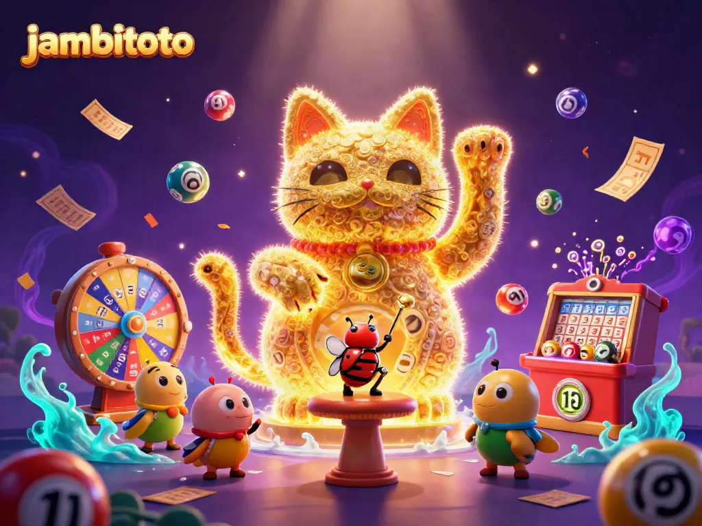 Engage with Jambitoto as golden fireflies form a lucky cat amidst vibrant lottery symbols in this detailed illustration.