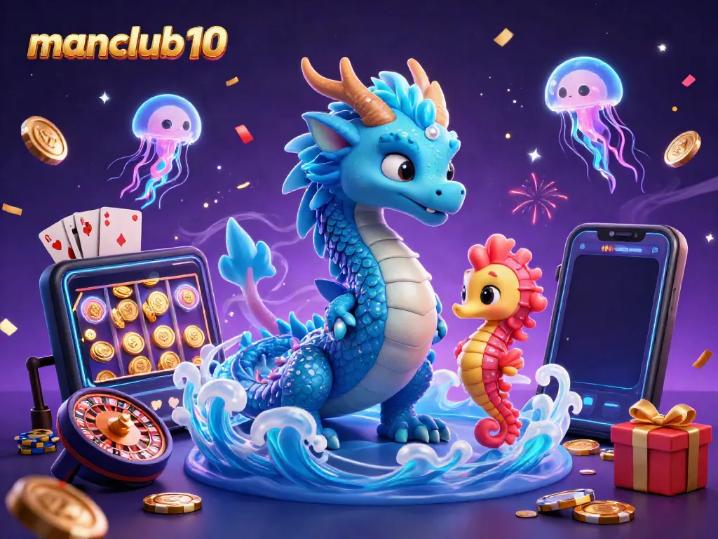 Engage with the thrilling manclub10 online gaming realm featuring a dazzling water dragon, seahorse knight, and vibrant casino symbols.