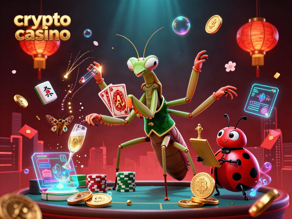 Engaging crypto casino scene with giant mantis dealing cards and ladybug overseeing games, featuring Bitcoin and Ethereum elements.