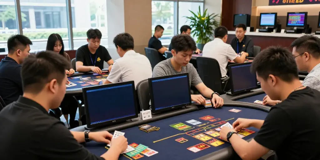 Dewalive betting lounge scene featuring diverse players engaged in Toto 4D games.