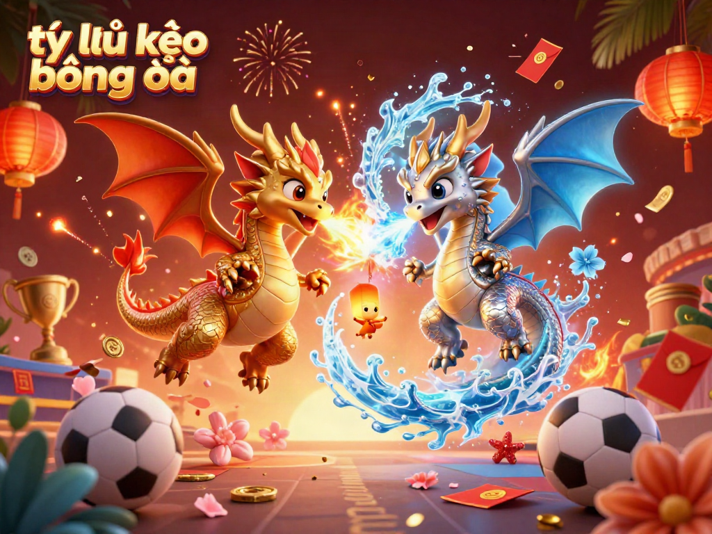 Engage in the world of tỷ lệ kèo bóng đá with dynamic dragons and sports elements highlighting betting strategies.