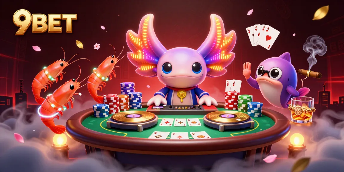 Experience the excitement of 9BET with a vibrant 3D casino scene featuring characters and game elements.