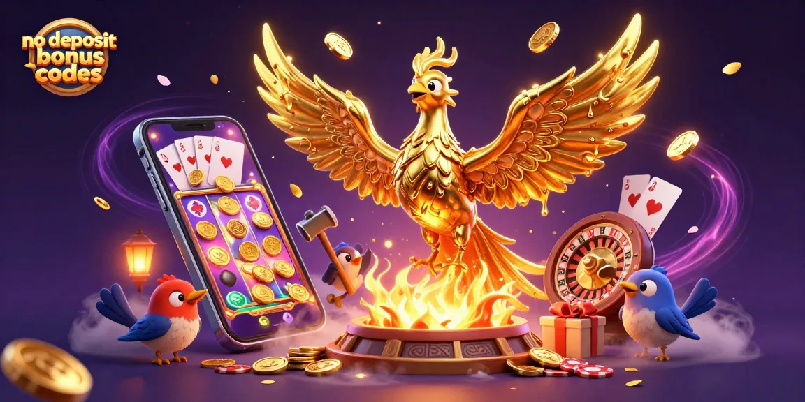 Engage with no deposit bonus codes in an exciting casino scene featuring a molten golden phoenix and vibrant games.