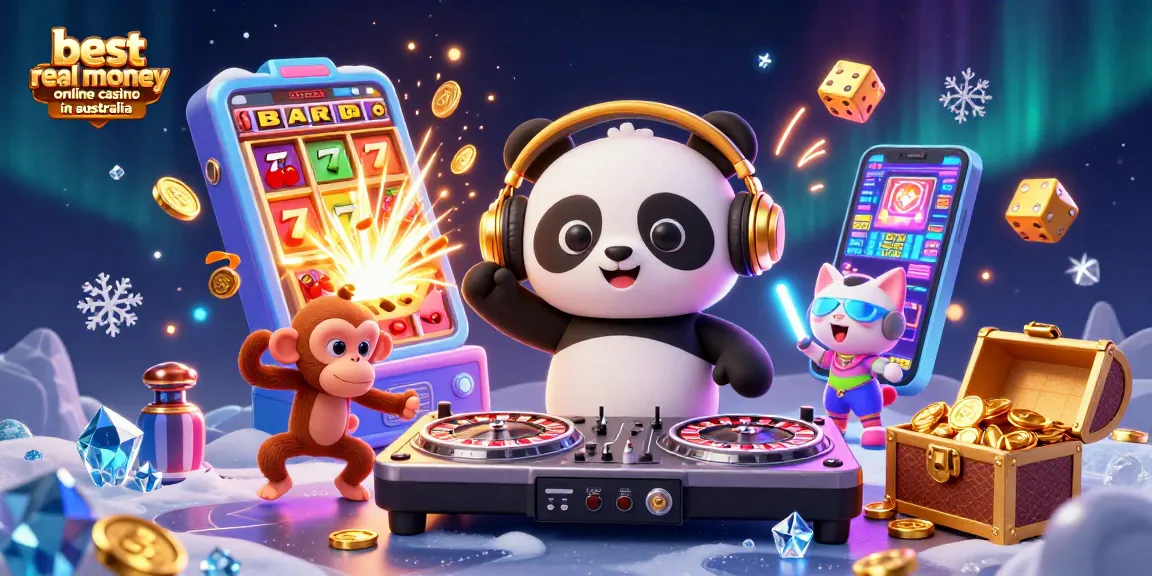 Win exciting rewards at the best real money online casino in Australia with vibrant gaming elements and energetic characters.