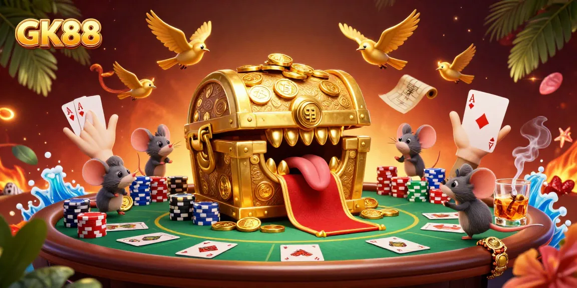 Engage in exciting gameplay at GK88 with vibrant casino elements, colorful poker chips, and dynamic characters.