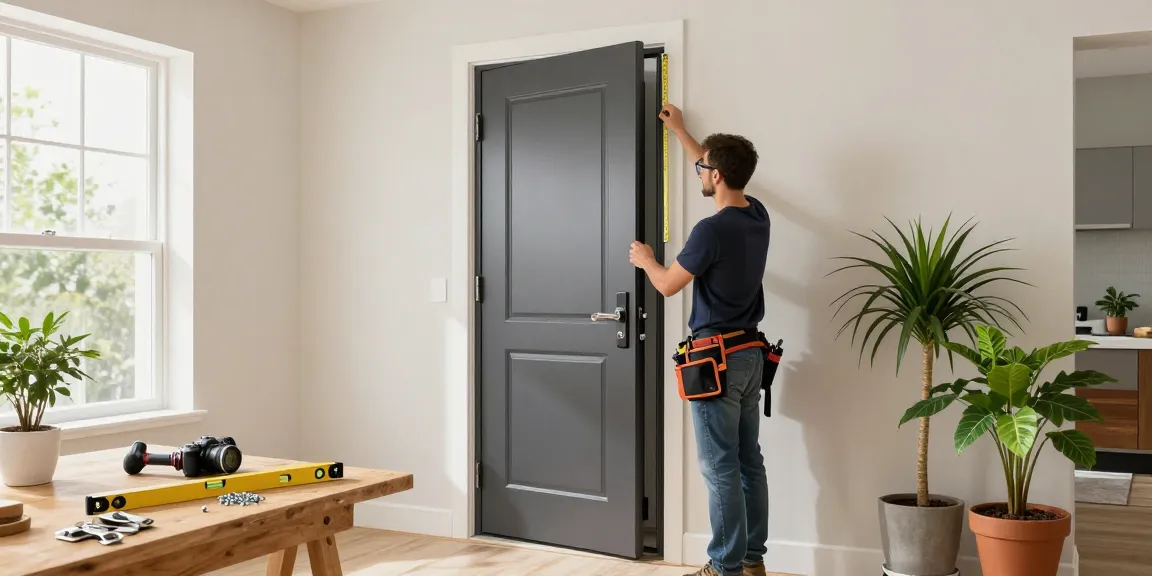 Professional carpenter installing a single leaf double swing door in a modern home, showcasing craftsmanship.