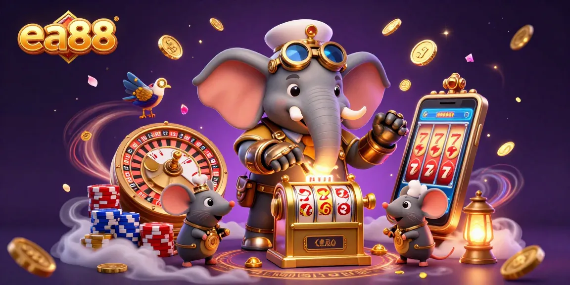 The 3D steampunk elephant at ea88 triumphantly operates a golden slot machine amid cascading coins and a roulette wheel.