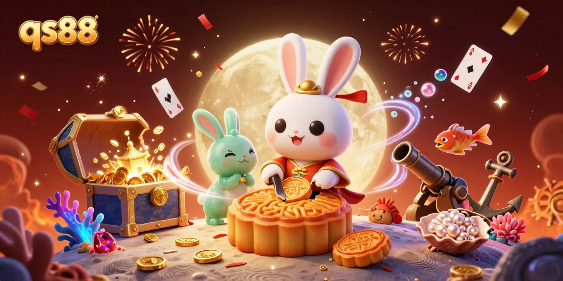 Join the qs88 adventure with a moon rabbit pounding mooncakes revealing poker chips, set in a vibrant casino-themed scene.