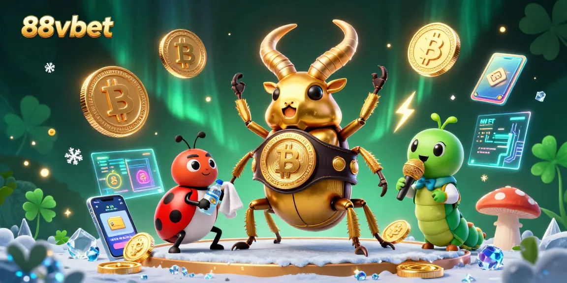 Experience thrilling wins at 88vbet with a dynamic 3D casino scene featuring a boxing champ beetle and crypto elements.