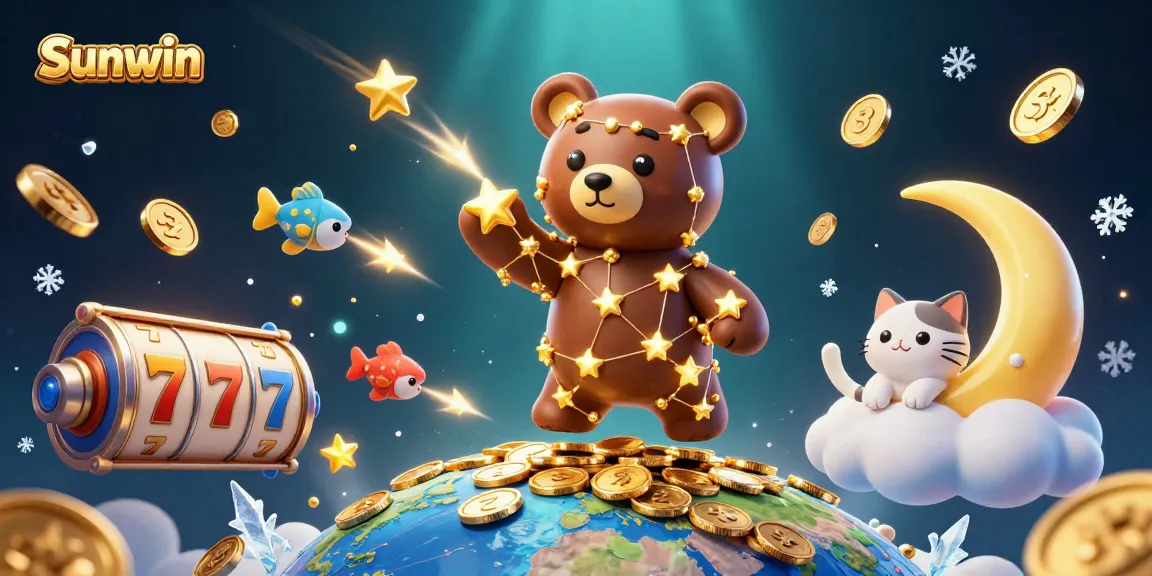 Join the exciting world of Sunwin, where the constellation bear scoops up coins amidst vibrant gaming elements.