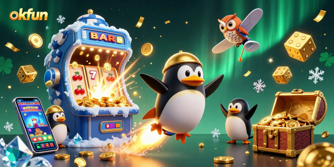 Experience excitement at okfun with a thrilling 3D casino scene filled with golden coins and vibrant game symbols.