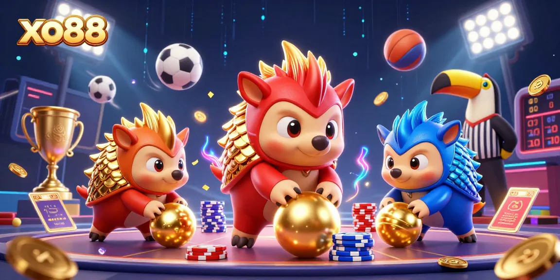 Experience thrilling action with xo88 as animated pangolins roll golden balls through poker chips.