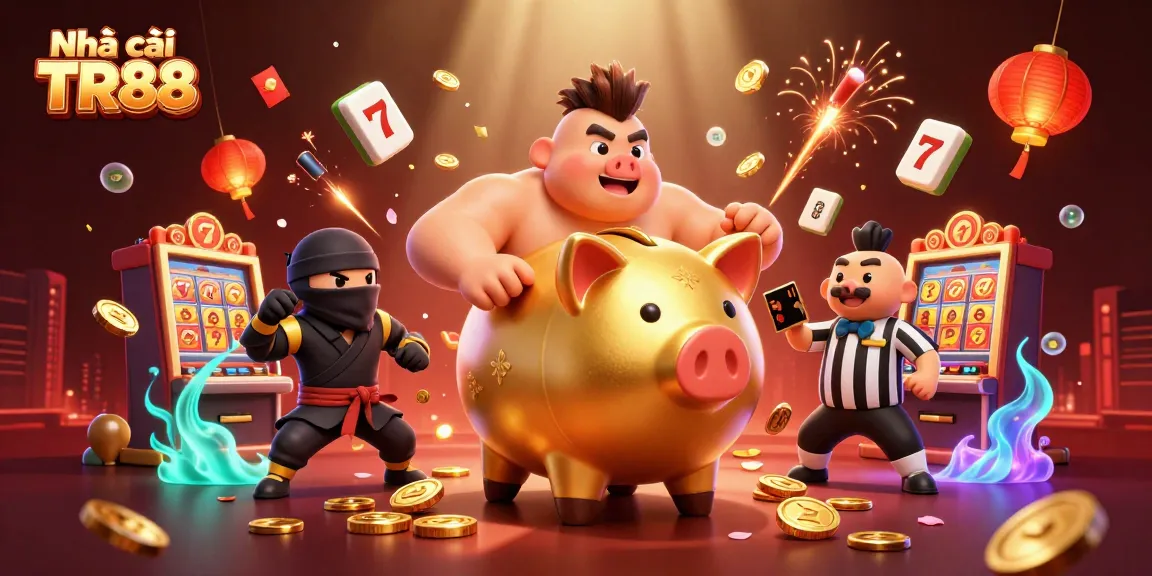 Engage with Nhà cái TR88 as a golden piggy bank sumo wrestler and friends deliver an electrifying casino experience.