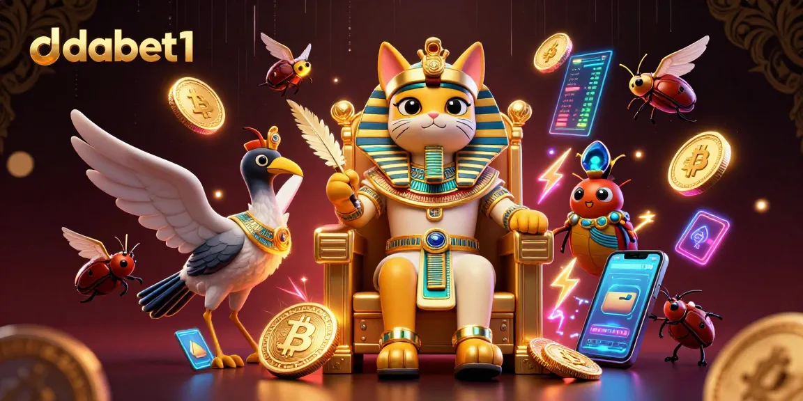 Experience dabet1 with a vibrant 3D illustration showcasing Egyptian themes, cryptocurrencies, and dynamic elements for gamers.