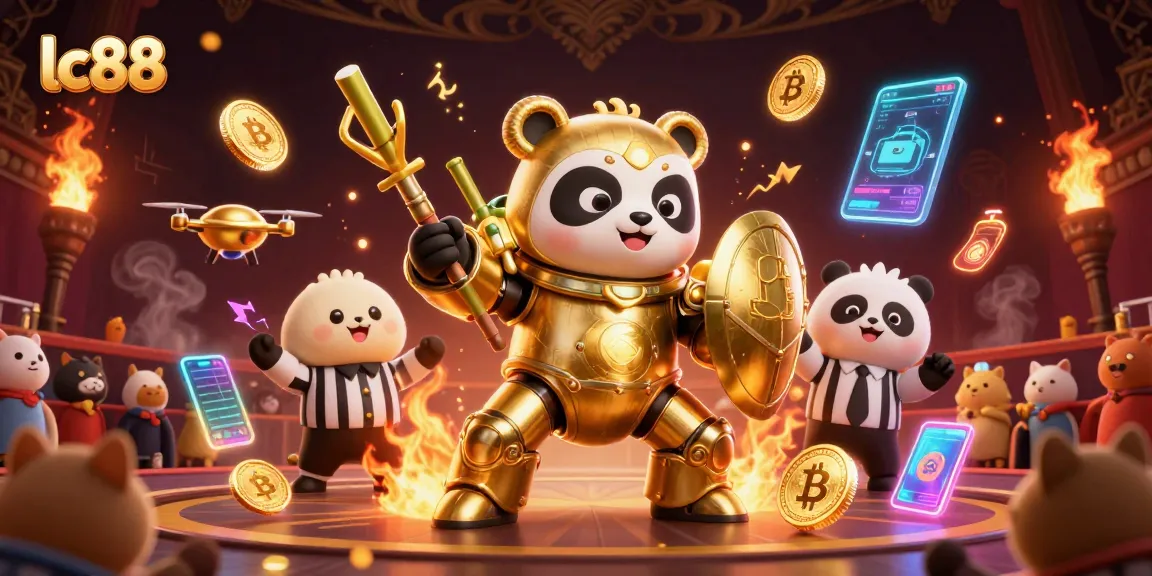 Join the excitement at lc88 with a golden panda battling for jackpot prizes in a vibrant casino scene.