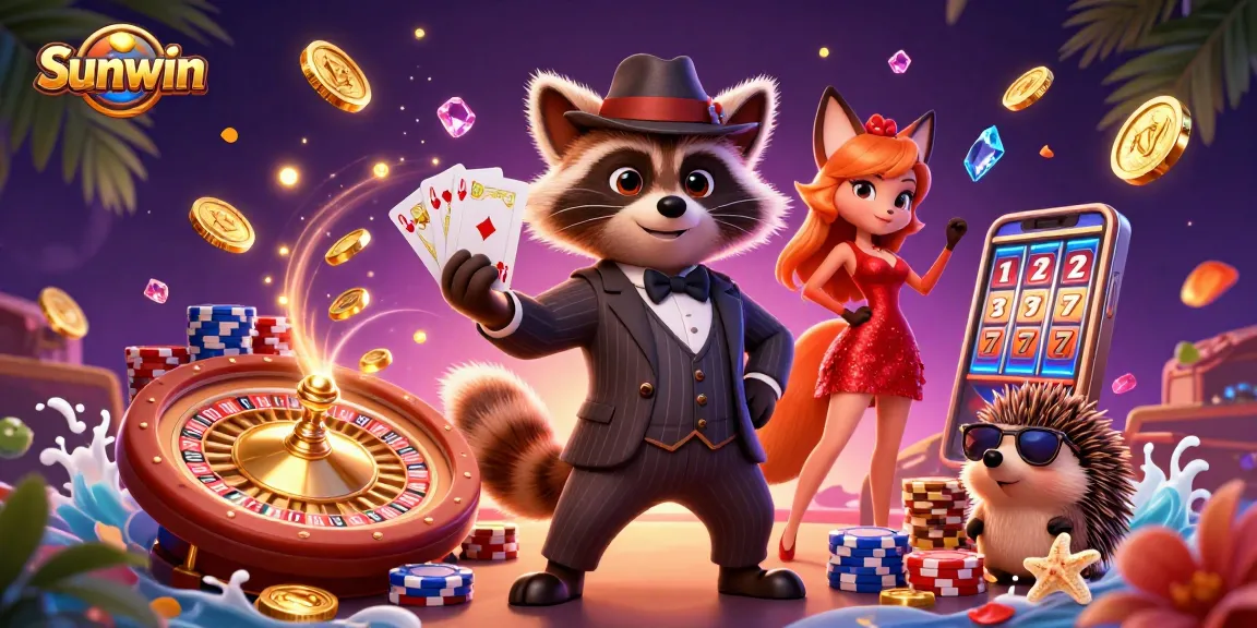 Sunwin presents an exciting casino scene with a suave raccoon holding a royal flush surrounded by captivating game elements.