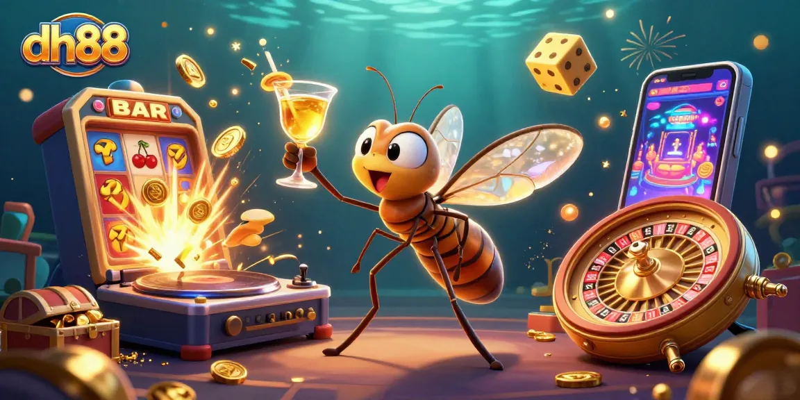 Experience exciting casino fun with dh88 featuring a vibrant scene of animated characters, slot machines, and a roulette wheel.