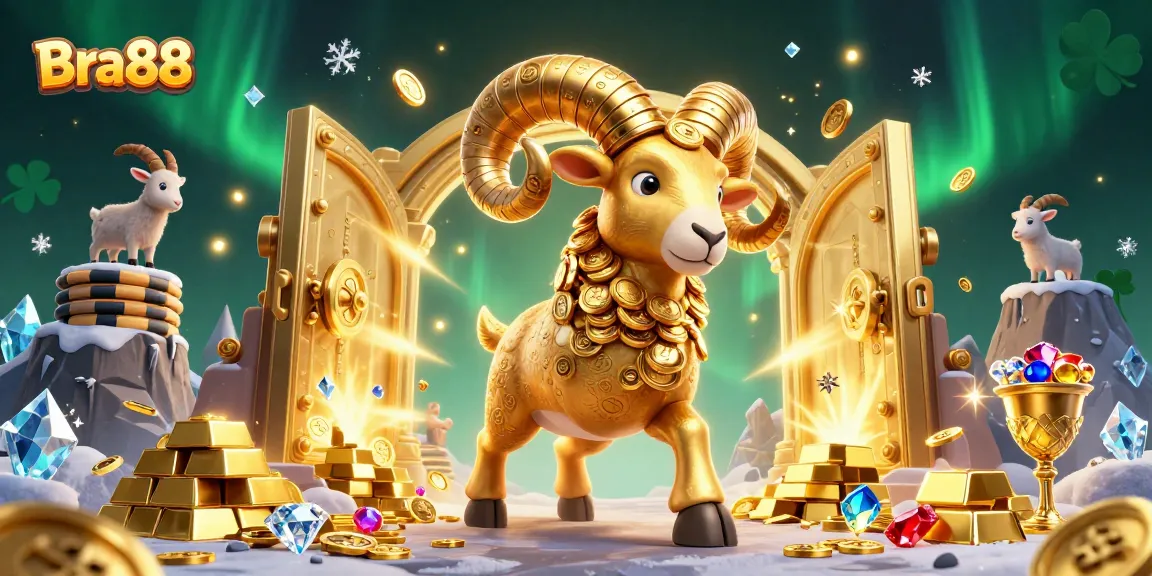 Experience the excitement with Bra88, featuring a golden ram charging through a treasure vault of riches.