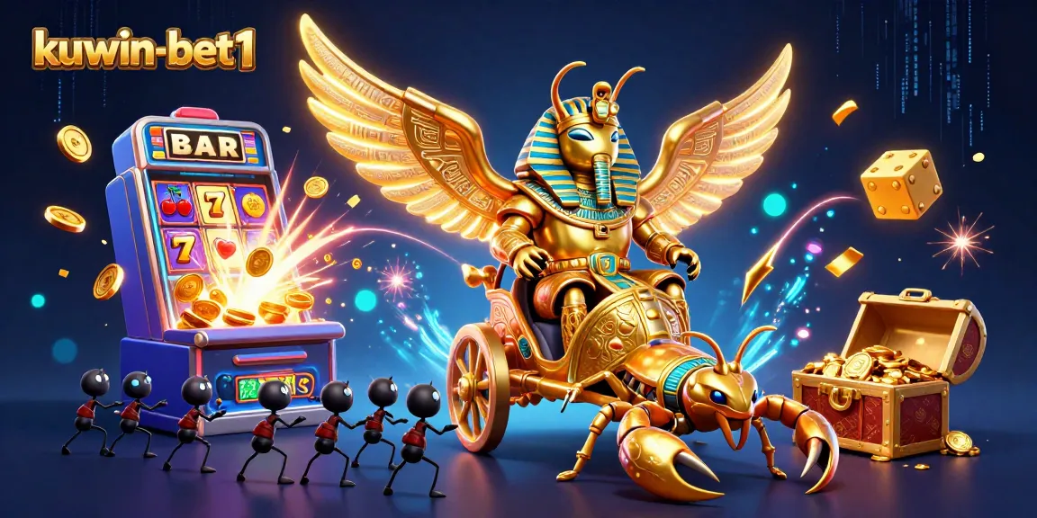 Engage with kuwin-bet1 featuring a golden scarab racing on a chariot amidst exploding casino jackpots.
