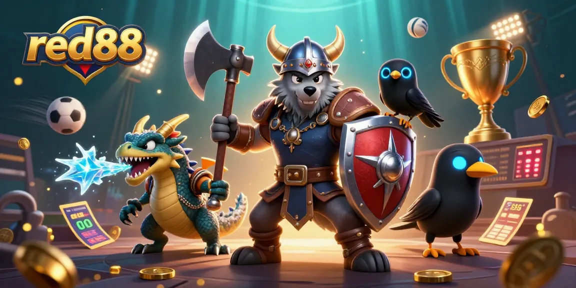 Win exciting rewards at red88 with a dynamic scene of a Viking wolf warrior, fierce dragon, and lively sports elements.