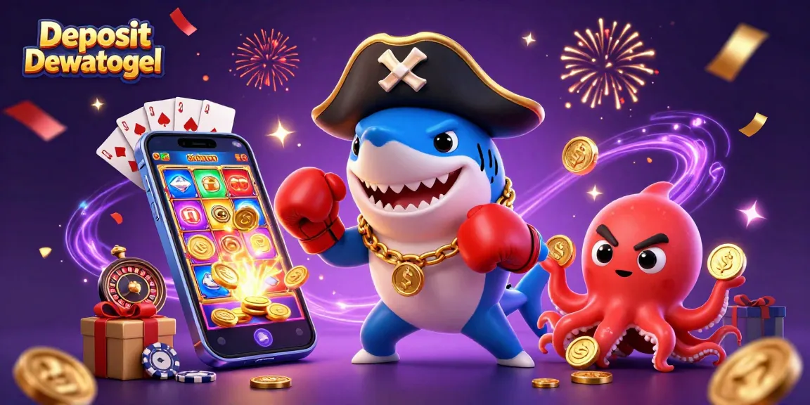 Deposit Dewatogel celebrates wins with a vibrant scene of casino characters and gaming elements.