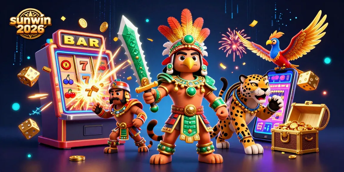 Experience the thrilling world of sunwin 2026 with slot machines bursting open, surrounded by lively characters and festive elements.