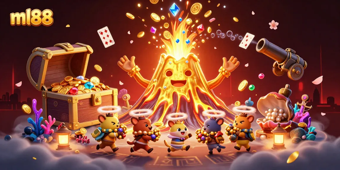 Win big at ml88 with a vibrant 3D casino illustration of golden volcanoes and treasure!