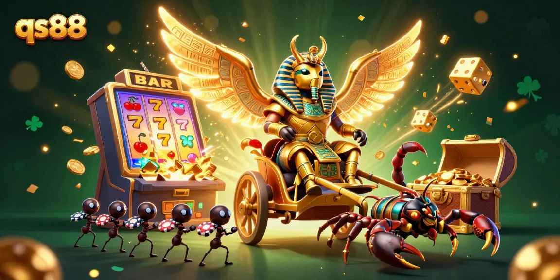 Experience thrilling gameplay at qs88 with colossal scarab beetle and riches bursting from a slot machine.