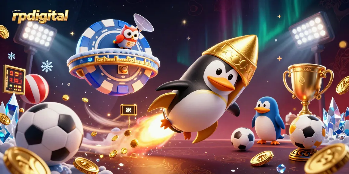Experience rpdigital excitement with a dynamic 3D casino illustration featuring a golden penguin in space.