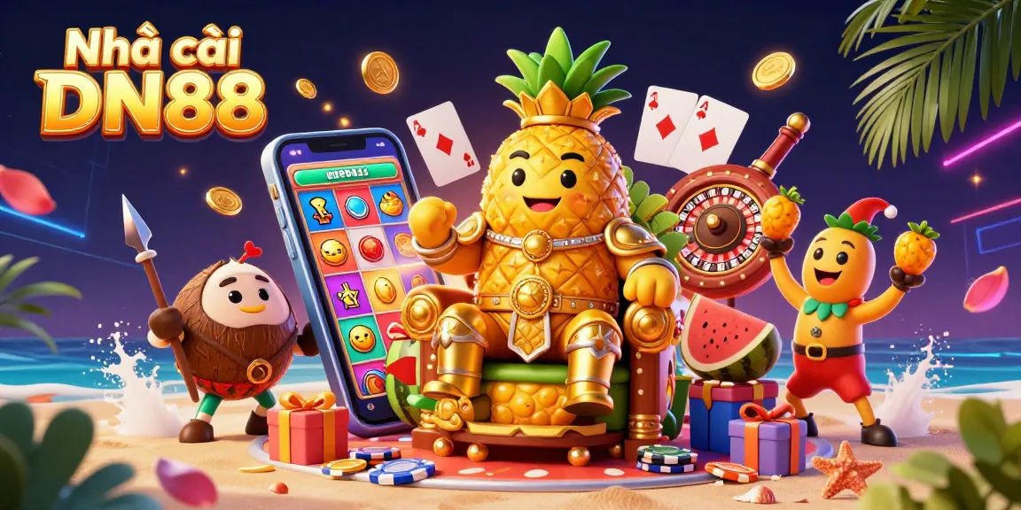 Engage with the vibrant scene of Nhà cái DN88 featuring a golden pineapple king and gaming elements for thrilling online casino action.