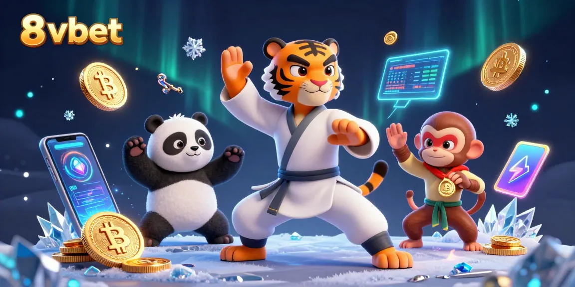 Experience the excitement of 8vbet with dazzling characters and crypto elements in a vibrant casino scene.