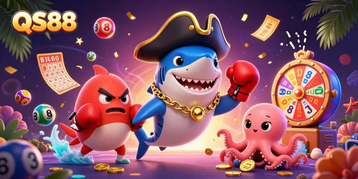 Experience the excitement of QS88 with vibrant characters and dynamic lottery elements in this casino illustration.